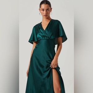 ASTR The Label Green Alessia Satin Flutter Sleeve Midi Dress